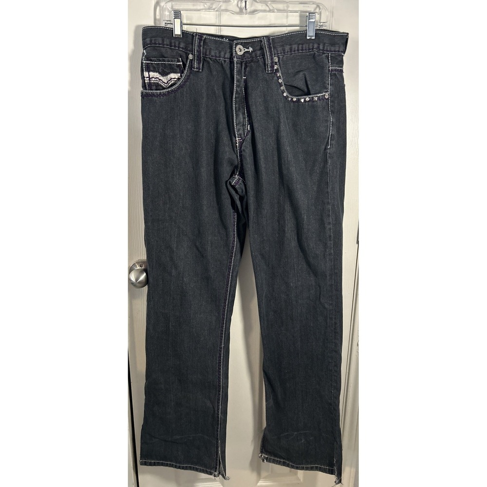 Pepe Jeans UK Relaxed Bootcut Jeans Mens 34x33 Black Purple Stitch Bling 90s